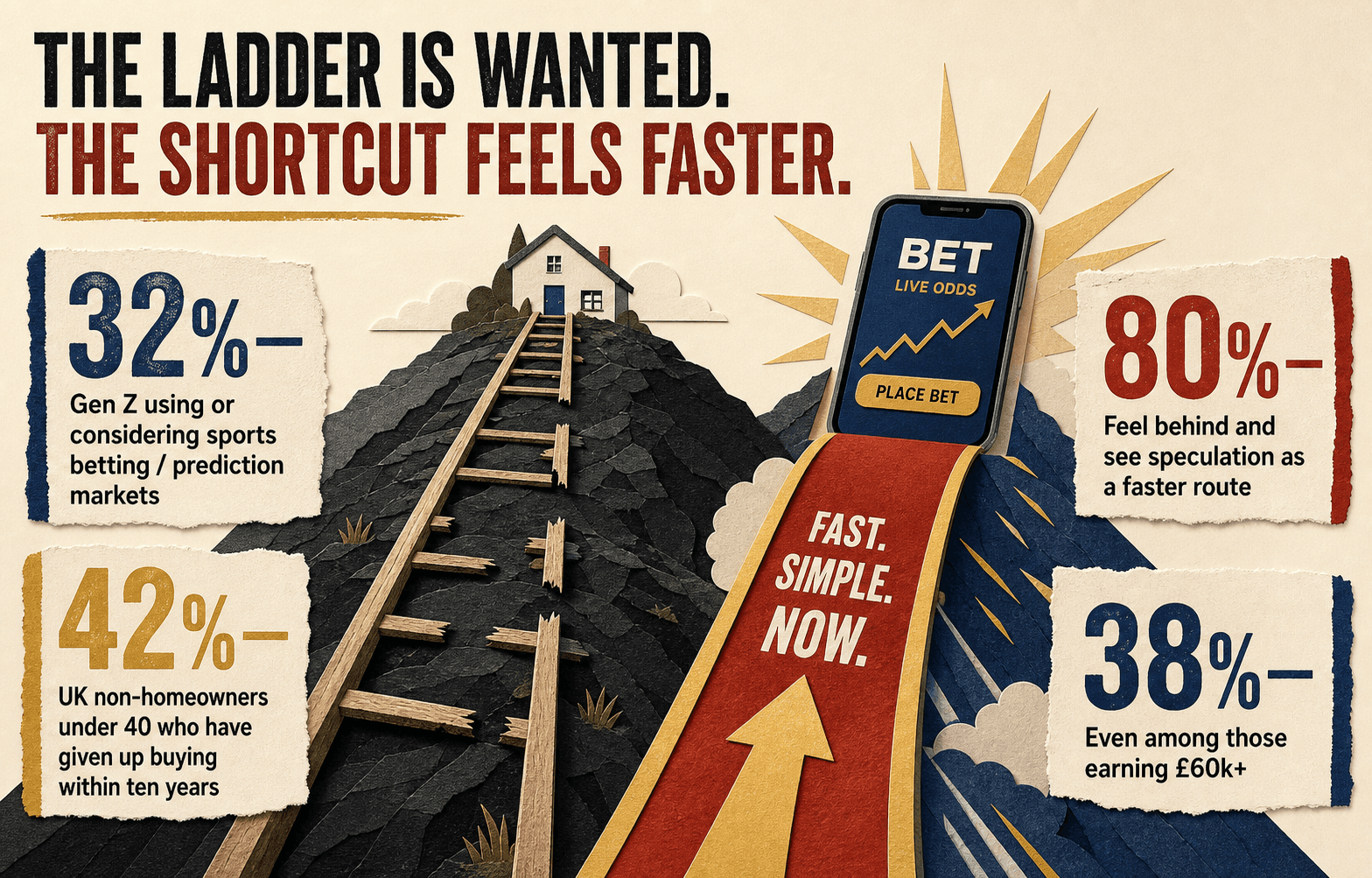 Infographic contrasting a ladder up to a house with a betting app's fast lane: 32% of Gen Z speculating, 42% of UK under-40 renters who have given up buying, 80% who feel behind, and 38% even among those earning over £60k.