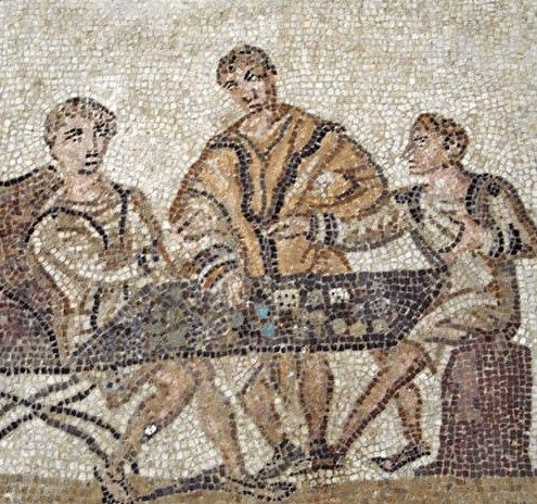 An ancient Roman mosaic of three men gambling around a tavern table.