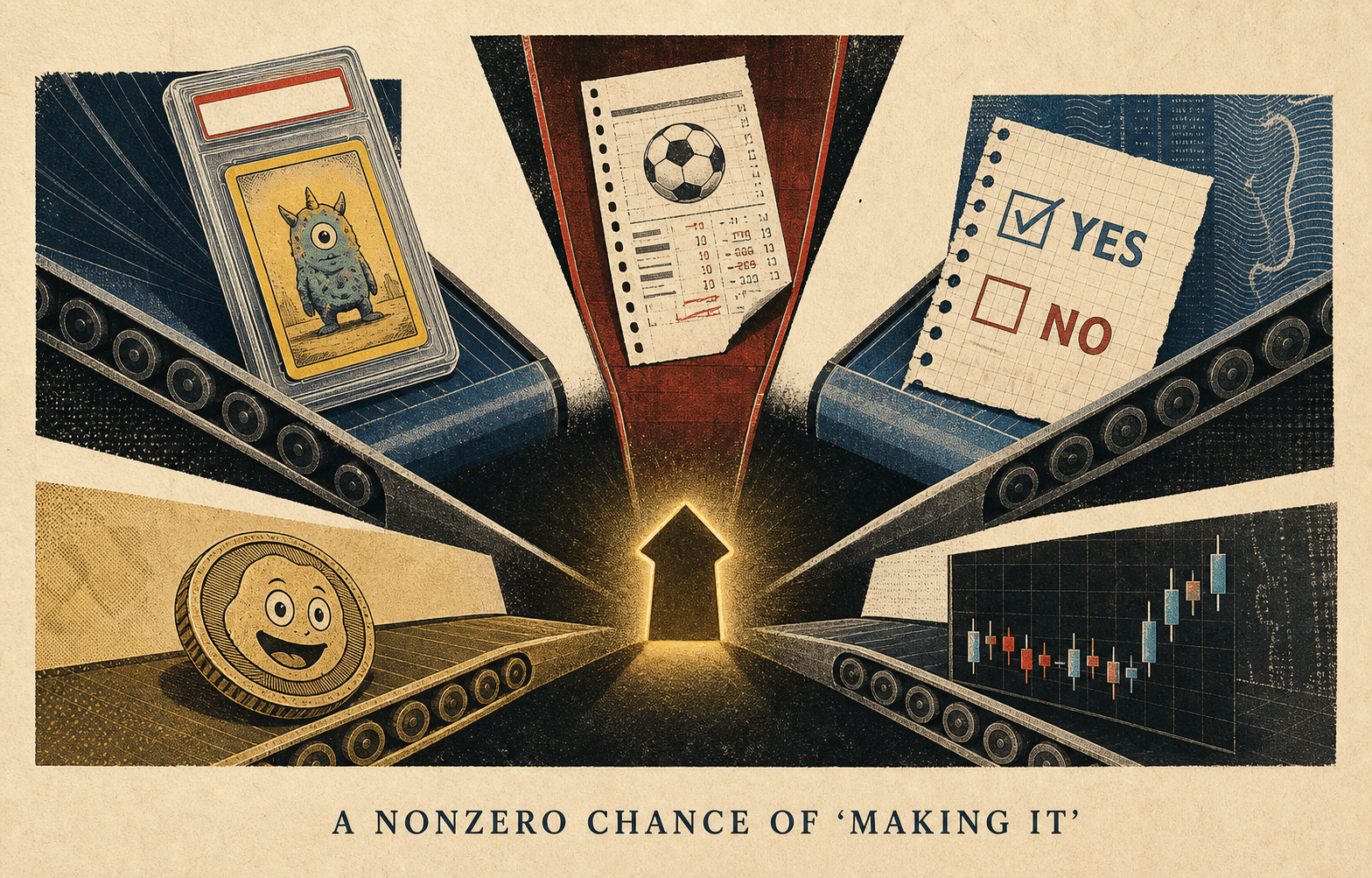 Five speculative bets ride conveyor belts toward one glowing exit: a graded card, a football betting slip, a prediction-market yes/no ticket, a grinning memecoin and a candlestick chart.