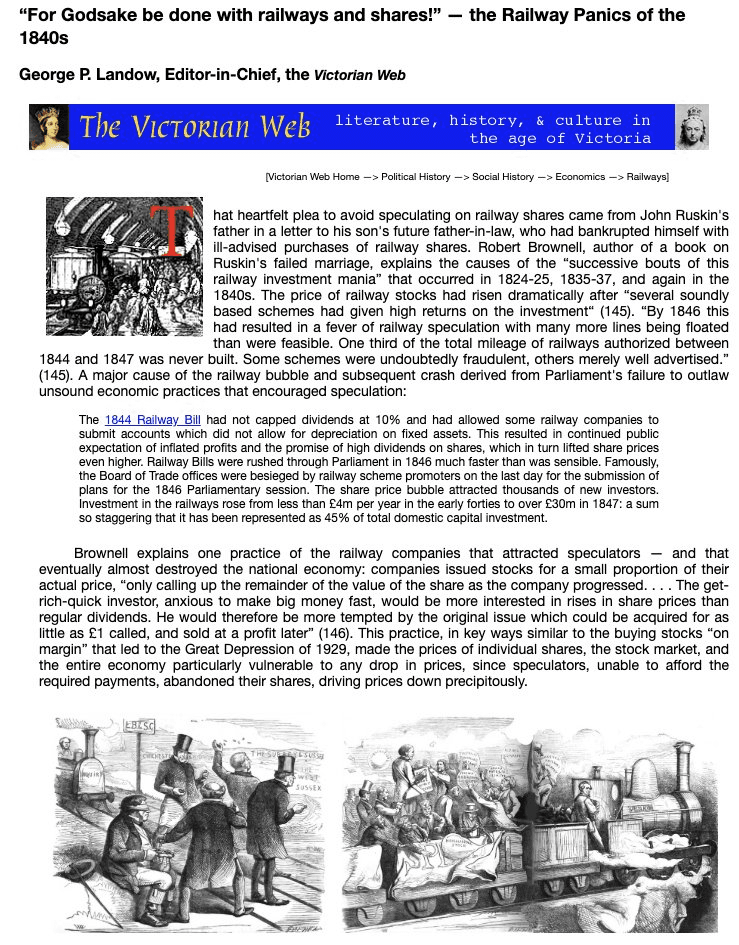 Screenshot of a Victorian Web article on the 1840s railway share panic, with period engravings mocking railway speculation.