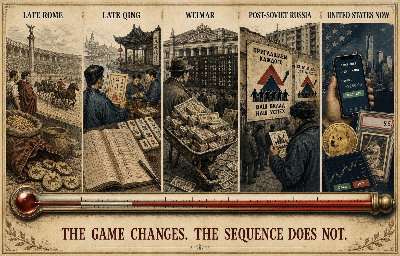 Five panels lining up late Rome, late Qing China, Weimar Germany, post-Soviet Russia and the present-day United States, each with its speculative craze, above a rising thermometer.
